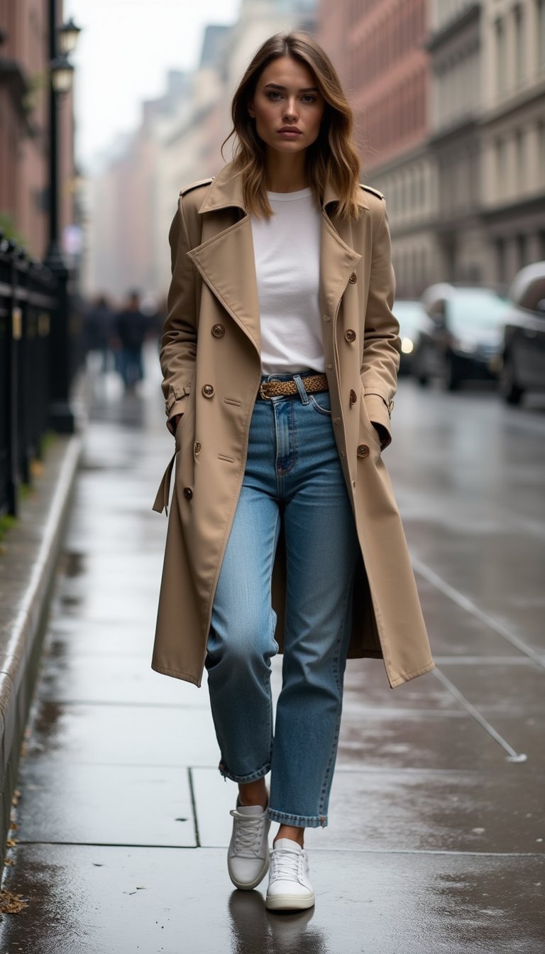 Trench Beige, Jeans Taille Haute Et Sneakers