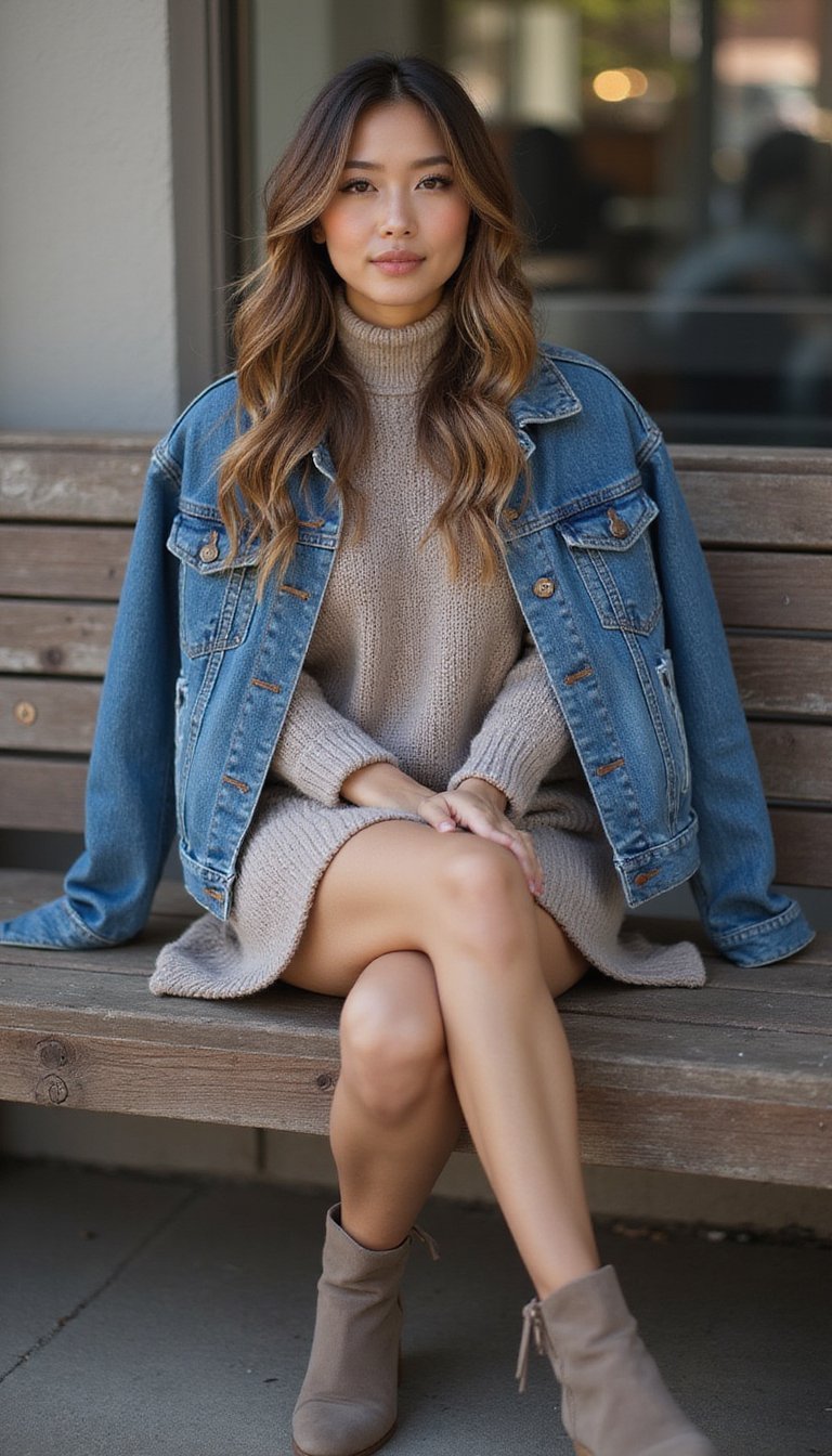 Veste En Jean, Robe Pull Et Bottines Basses