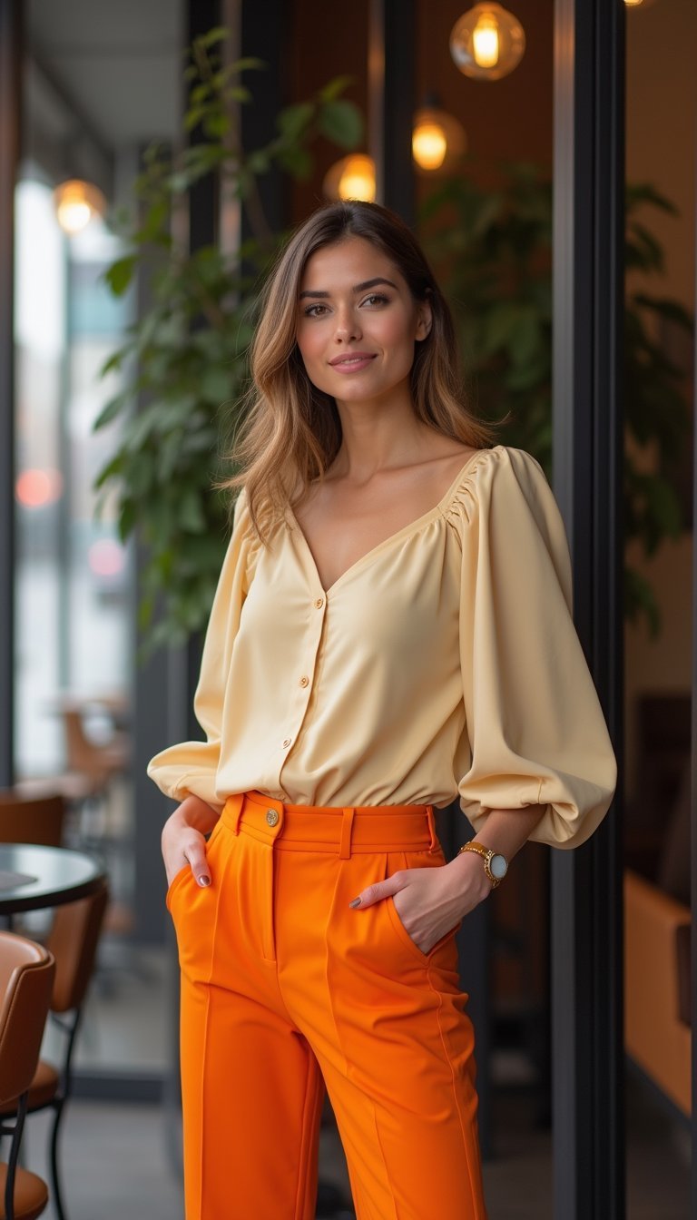 Pantalon Carotte Et Blouse À Manches Bouffantes