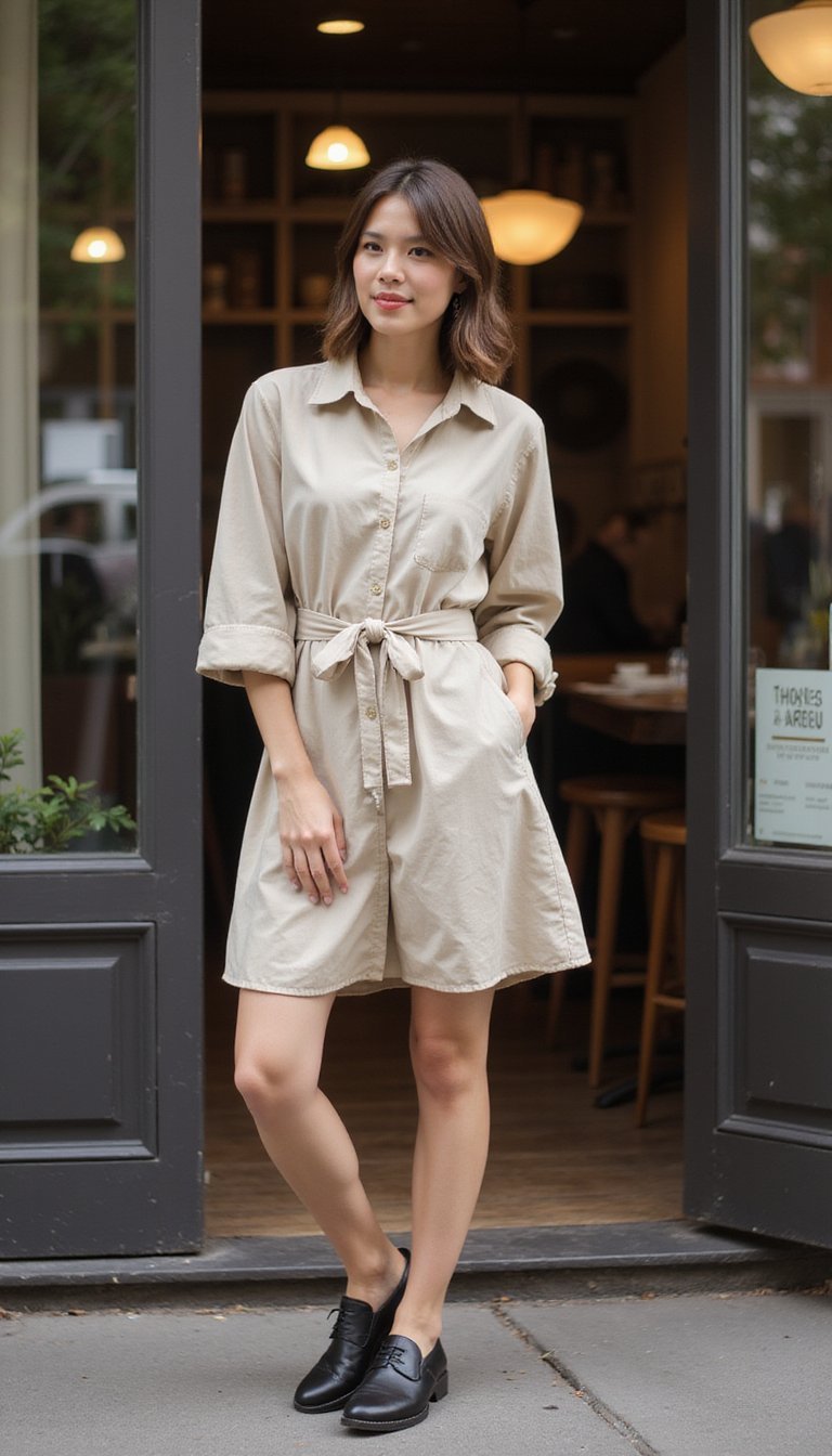 Robe Chemise Ceinturée Et Derbies Modernes