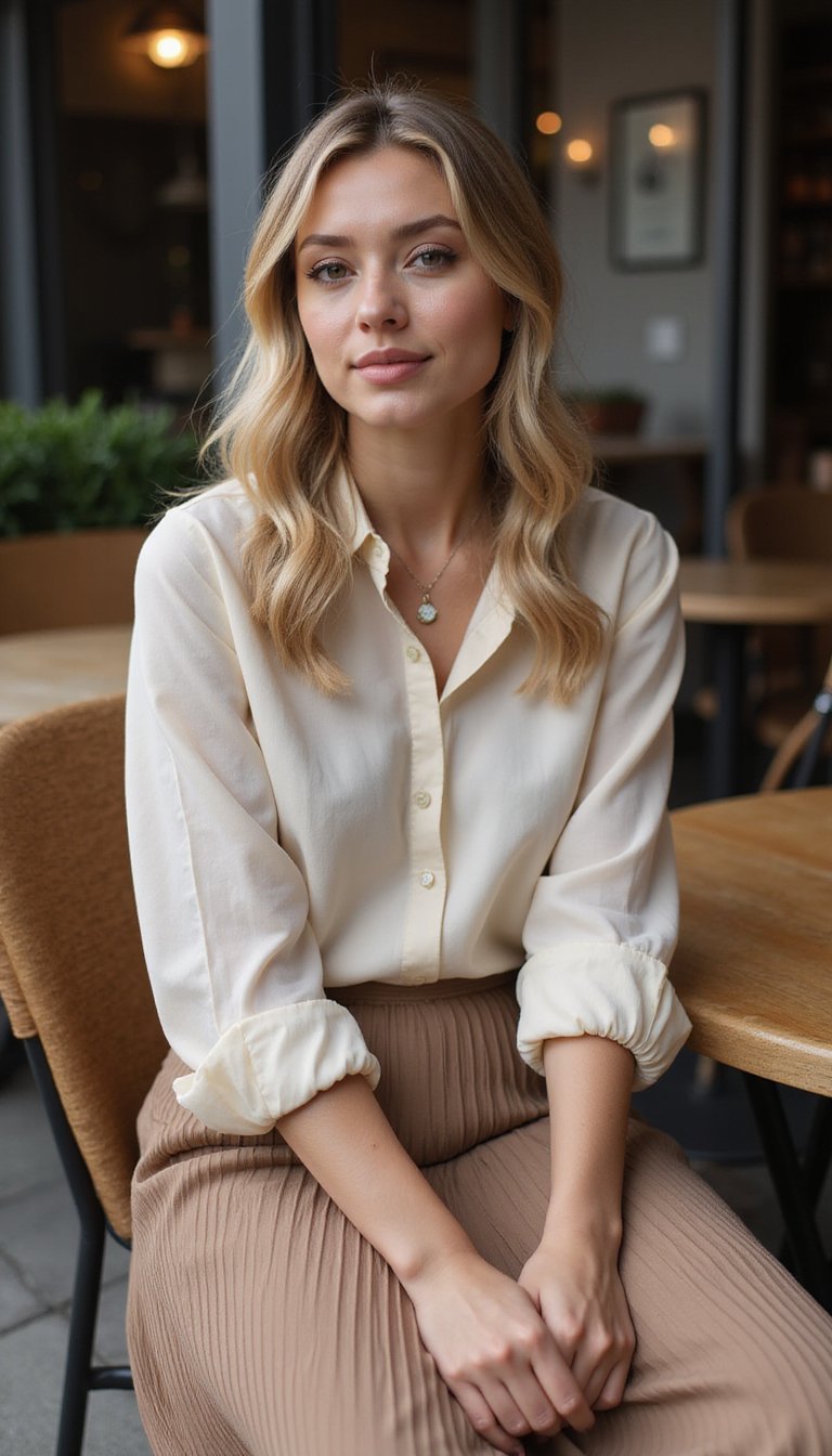 Blouse En Soie Et Jupe Plissée Midi Élégante