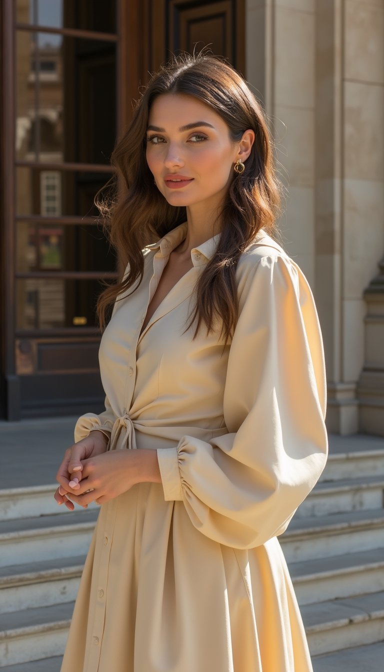 Chemisier À Manches Ballon Et Jupe Trapèze Midi