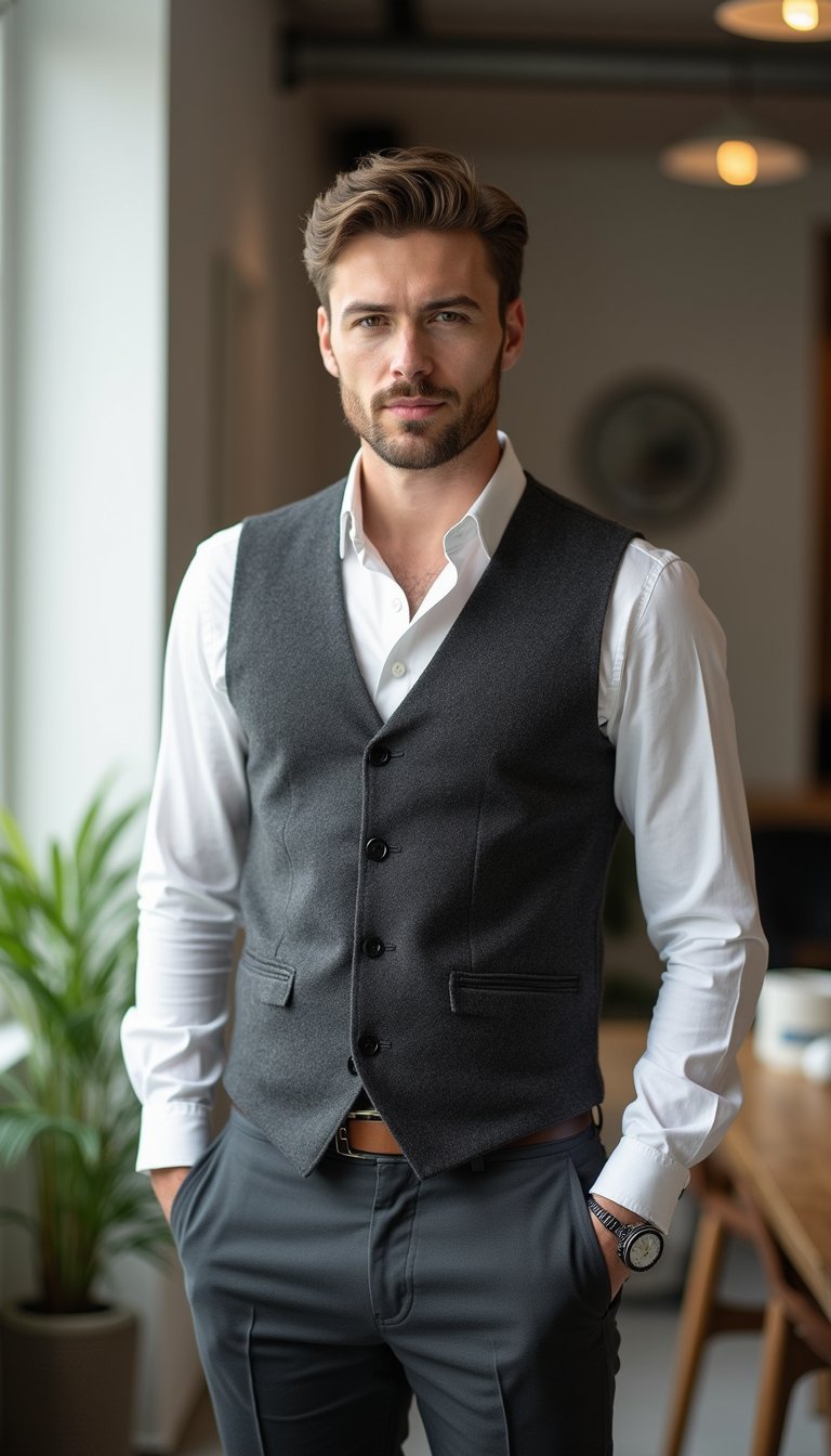 Gilet Sans Manches En Laine Sur Chemise Classique