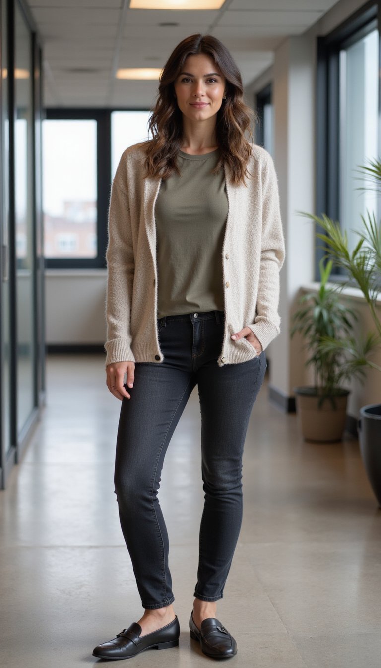 Look Business Casual Cardigan Fin Et Jean Foncé