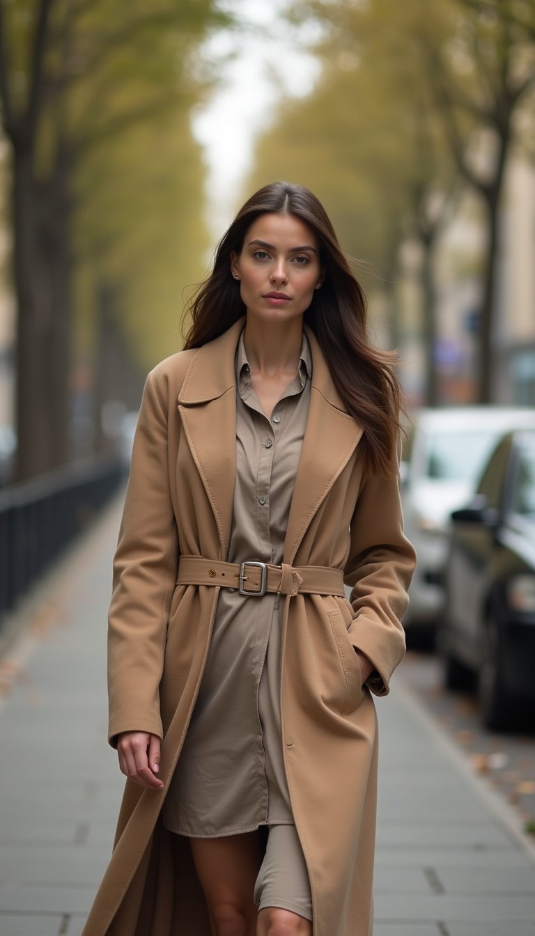 Manteau Ceinturé En Laine Sur Robe Chemise