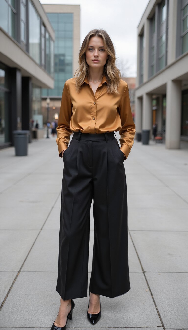 Pantalon Large En Laine Et Chemise Soyeuse Contrastée