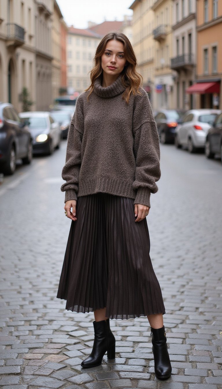 Pull Oversize Et Jupe Midi Plissée Pour Bureau Chaleureux