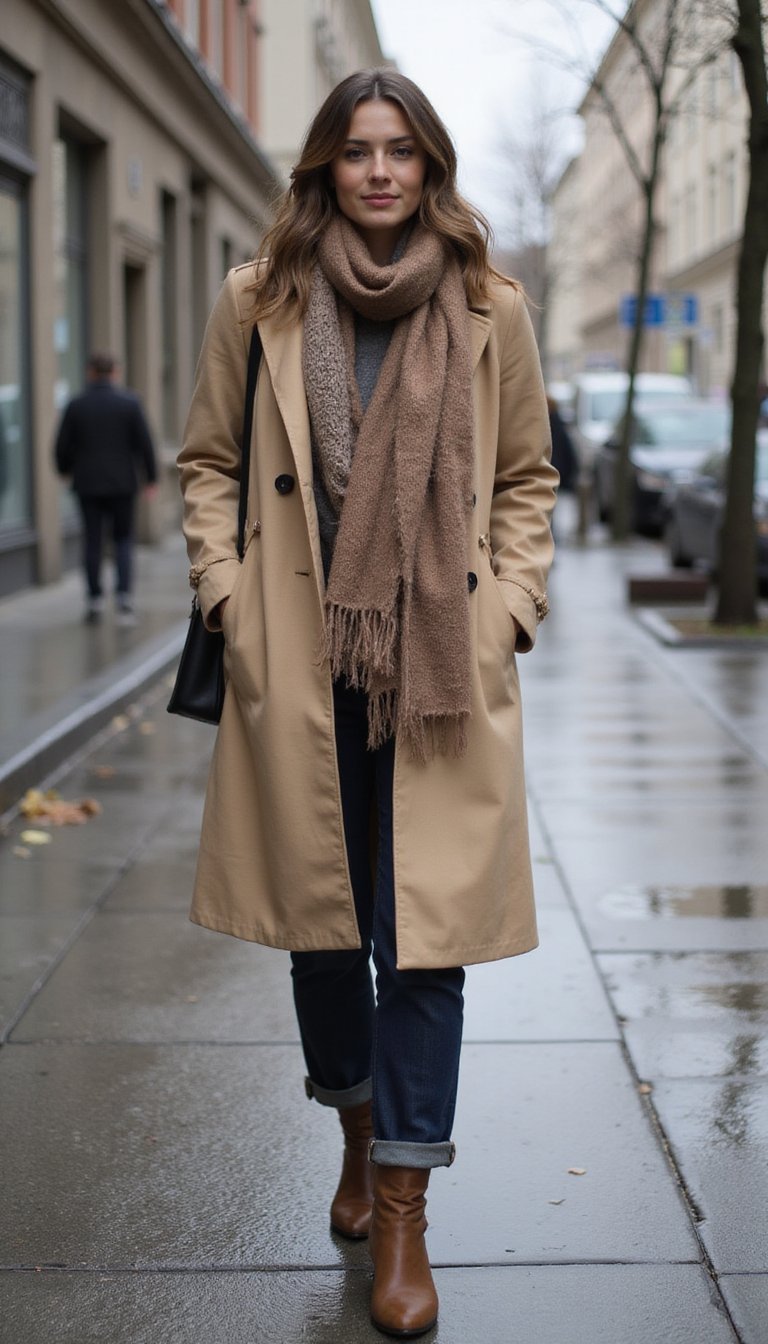 Trench Doublé Avec Bottines Et Écharpe Oversize