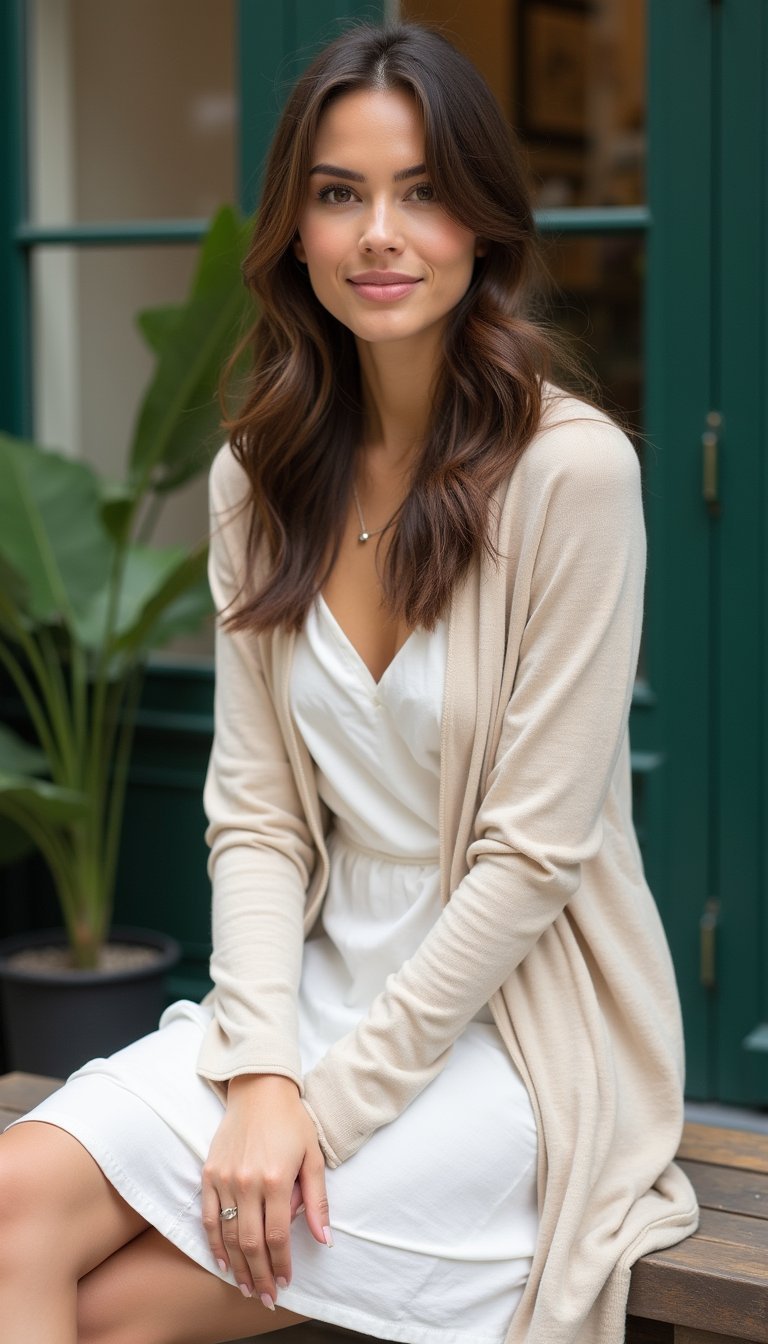 Cardigan Léger Sur Robe En Coton Frais