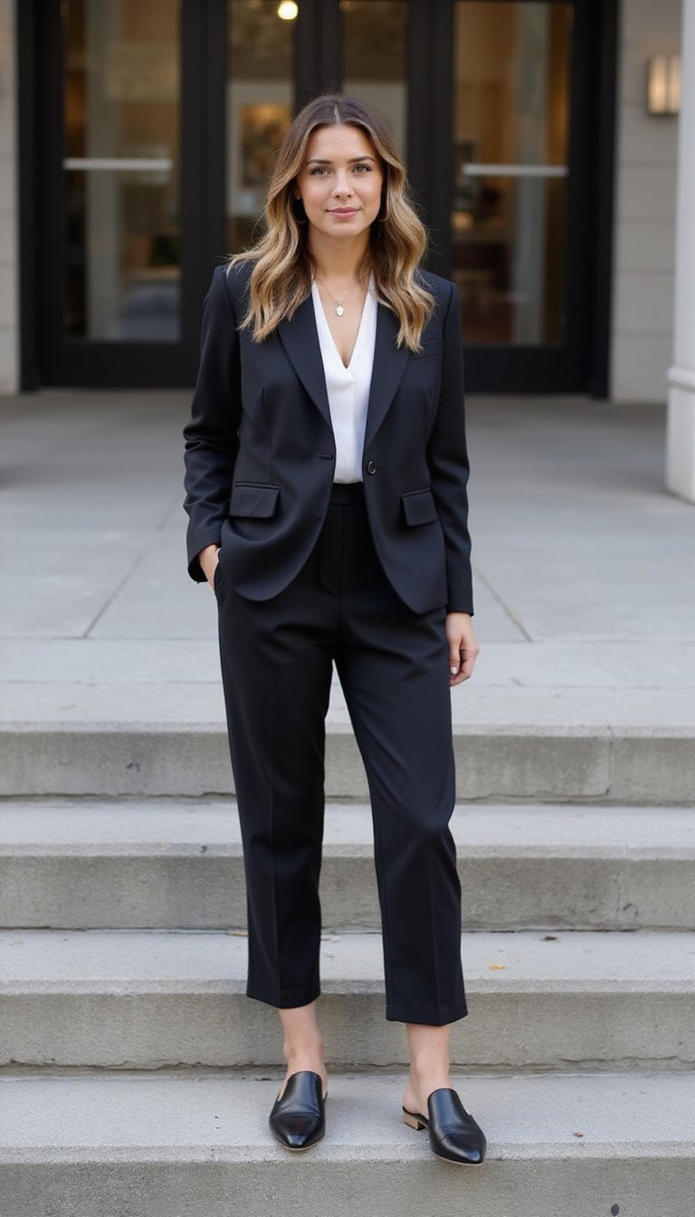 Combo Tailleur Pantalon Court Et Mules Raffinées