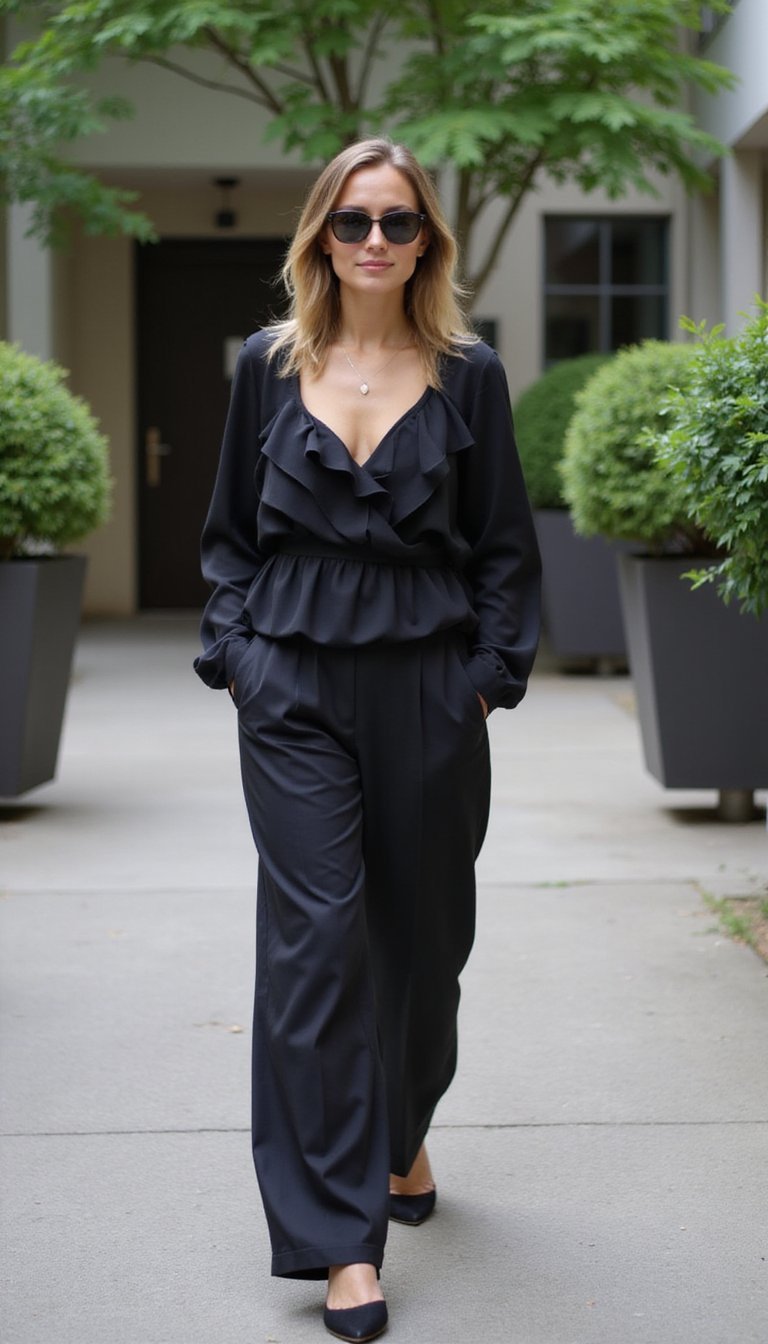 Pantalon Chino Sombre Et Top À Volants