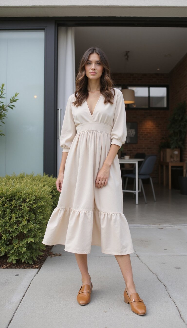 Robe Trapèze Minimaliste Avec Mocassins Modernes