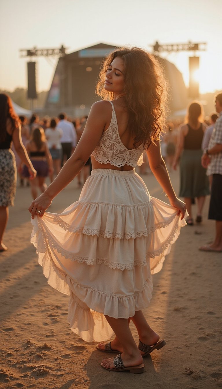 Ensemble Jupe À Volants Et Top Bohème Dentelé