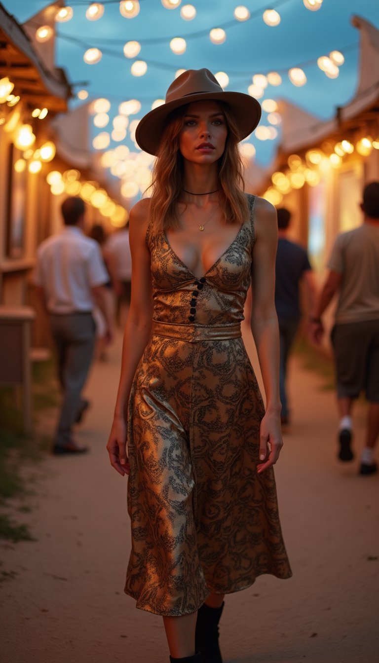 Robe Midi Satinée À Imprimé Baroque Et Chapeau Feutre