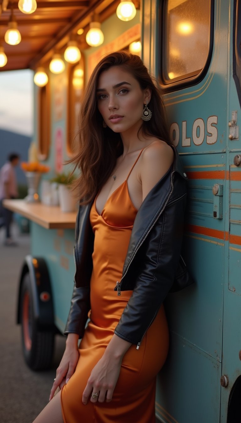 Robe Slip Satinée Avec Veste En Cuir Courte