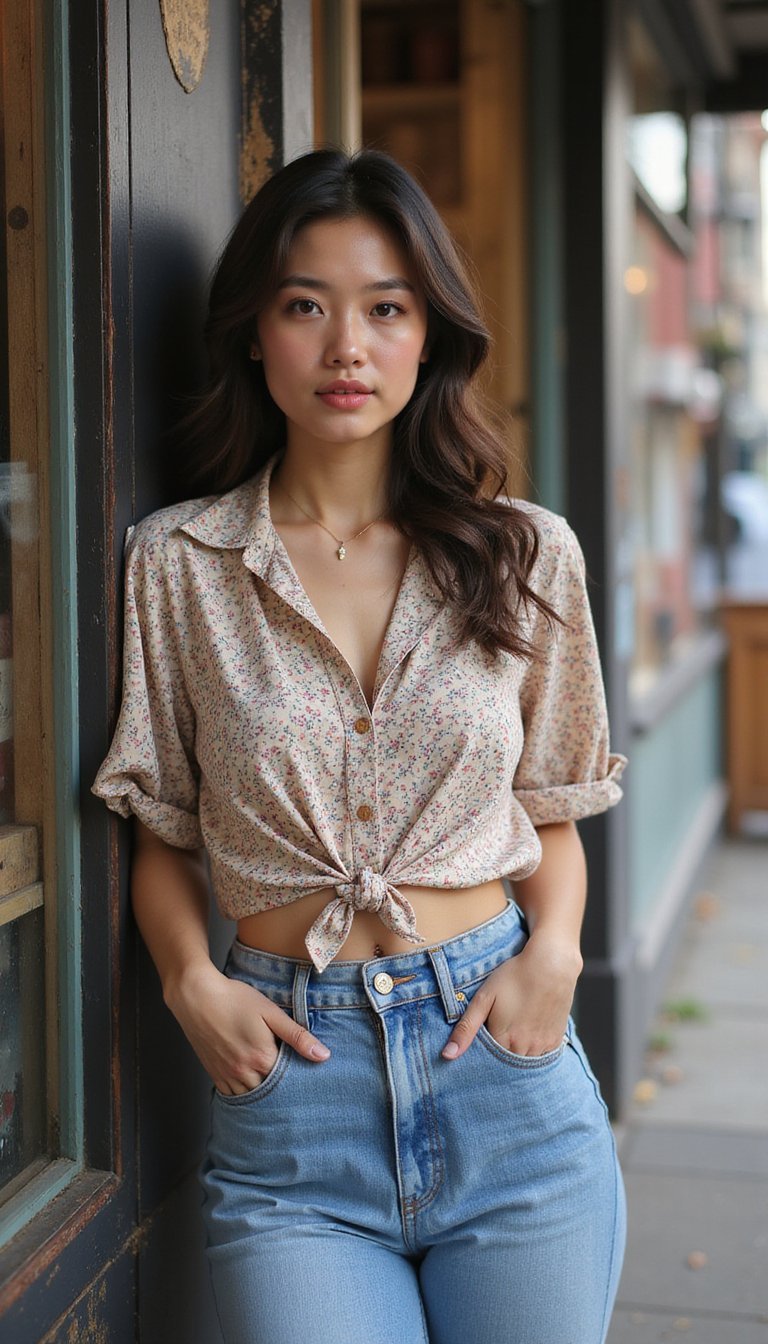 Chemise Fleurie Nouée Et Jean Taille Haute Vintage
