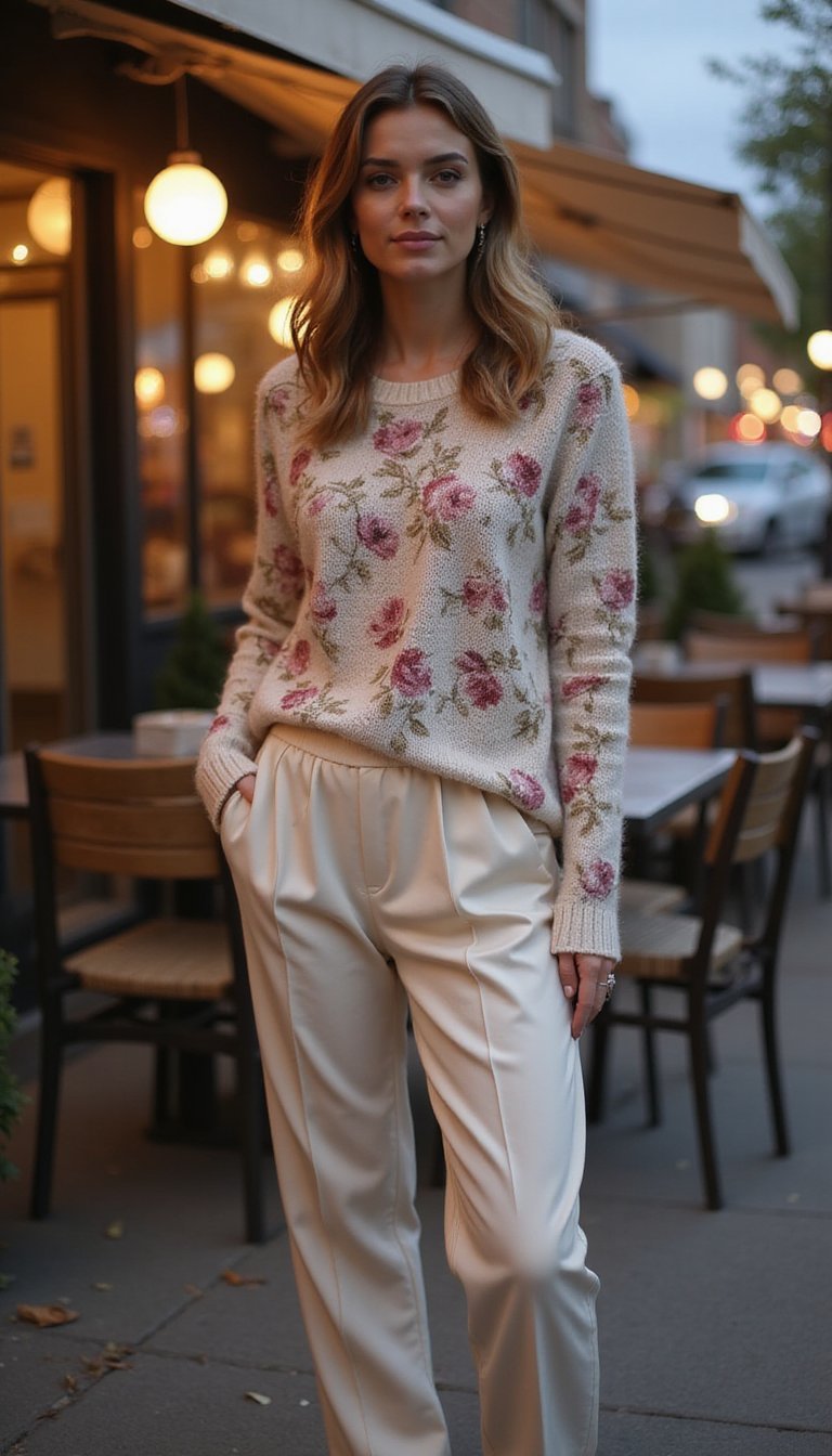 Pull Léger Fleur Et Pantalon Plissé Satiné