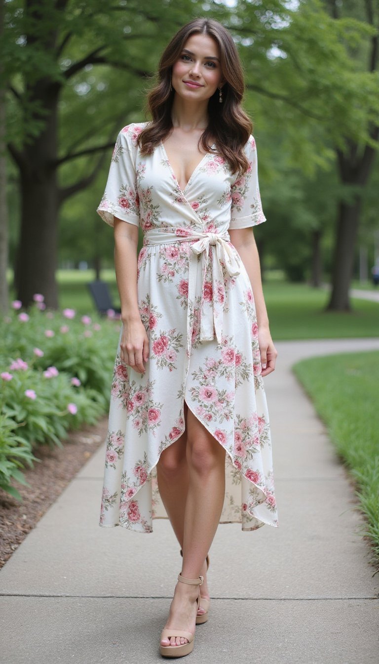 Robe Portefeuille Fleurie Et Sandales À Talons