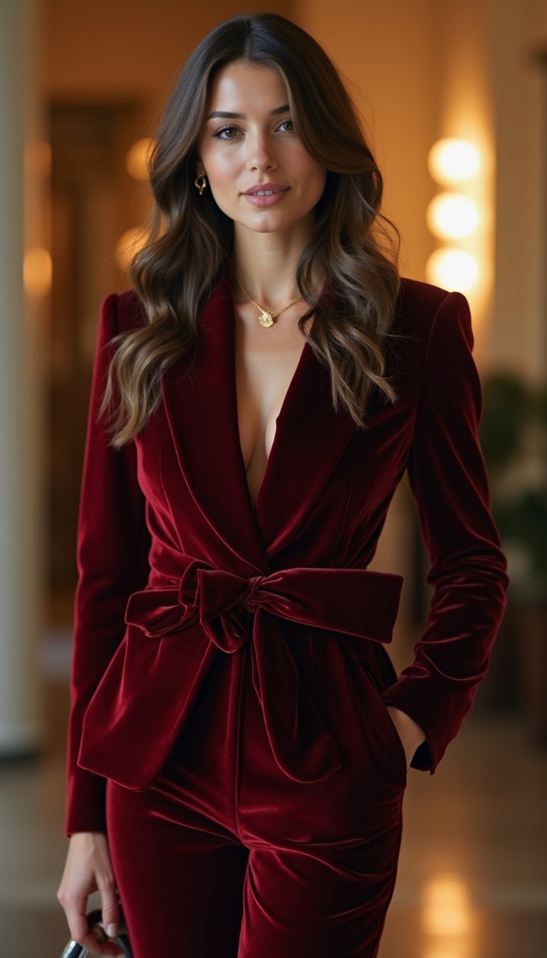 Costume Pantalon Velours Profond Avec Nœud