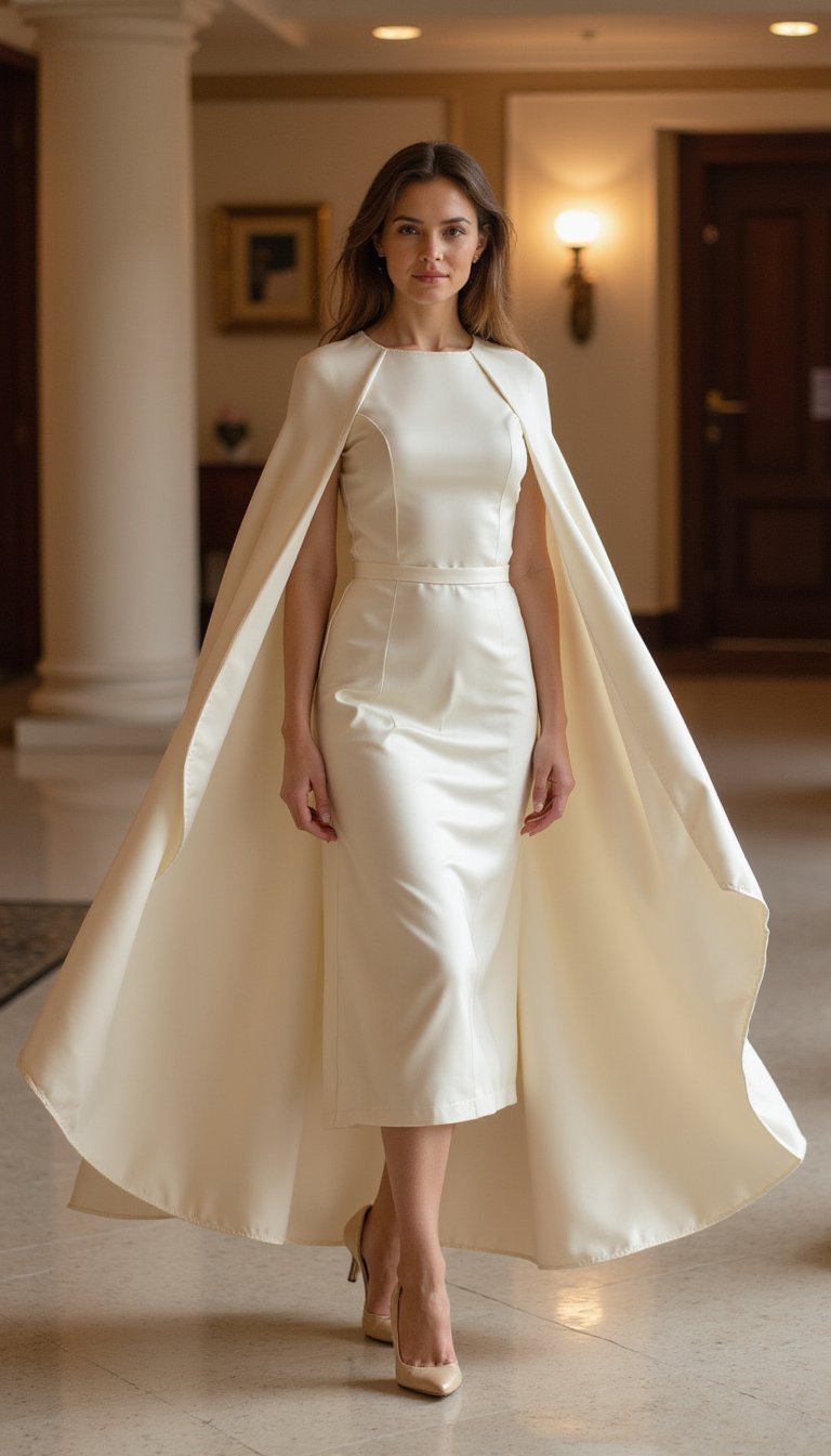 Robe Fourreau Satinée Avec Cape Fluide