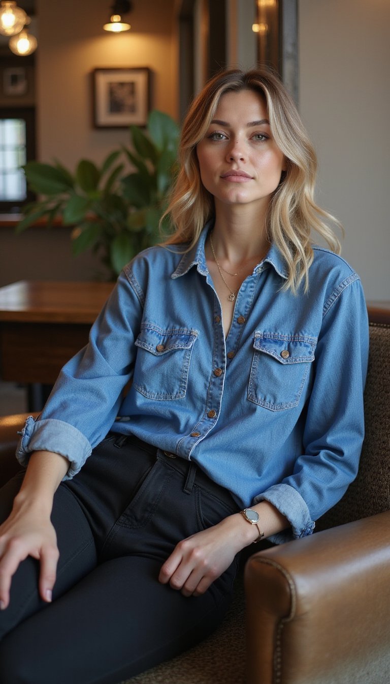 Chemise Oversize En Denim Et Leggings Simples