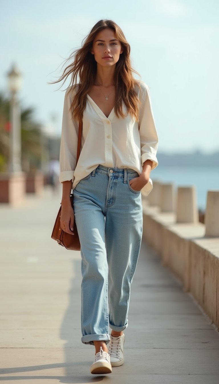 Denim Clair Et Top En Lin Pour Un Week-end Léger