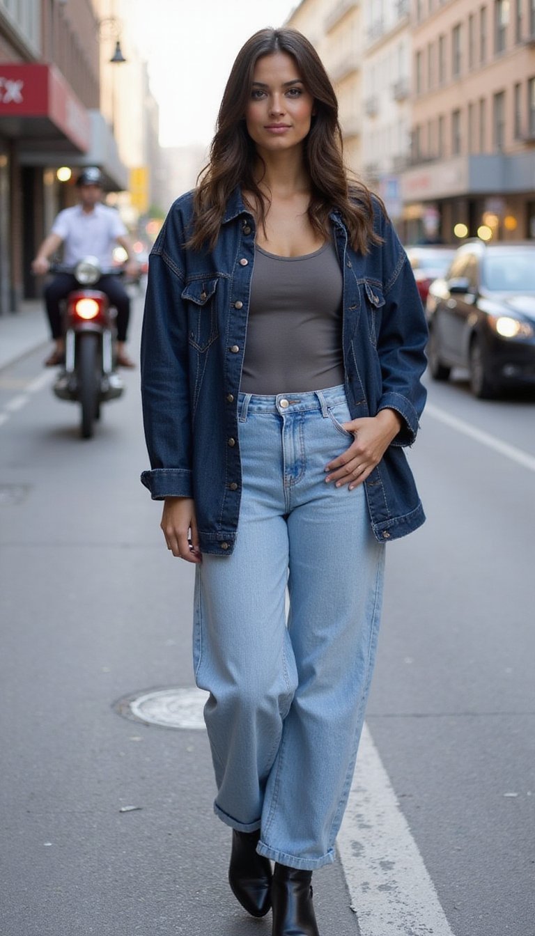 Jean Mom, Veste En Denim Et Bottines Chic
