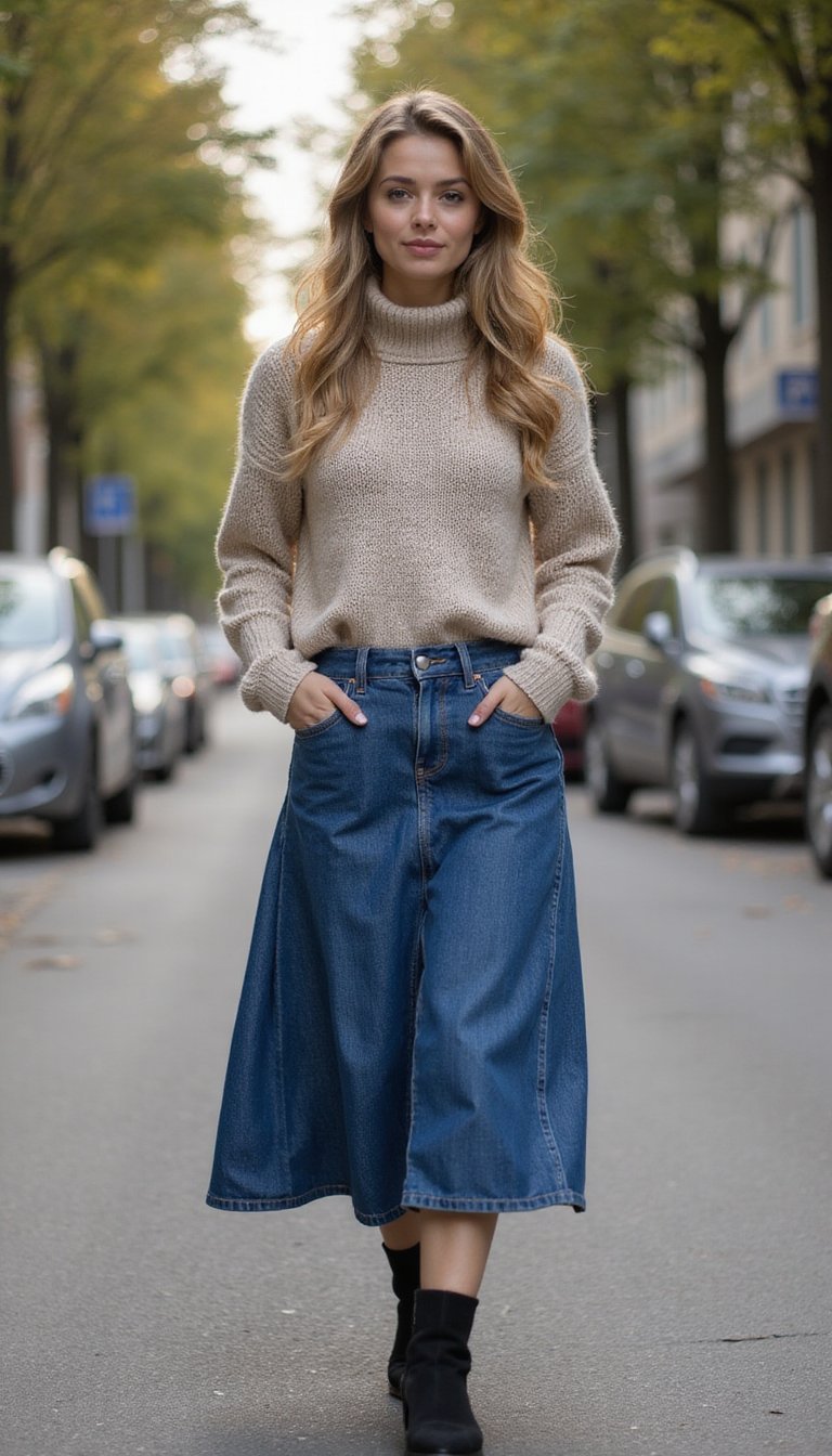 Jupe Midi En Denim Et Pull Col Roulé Douillet
