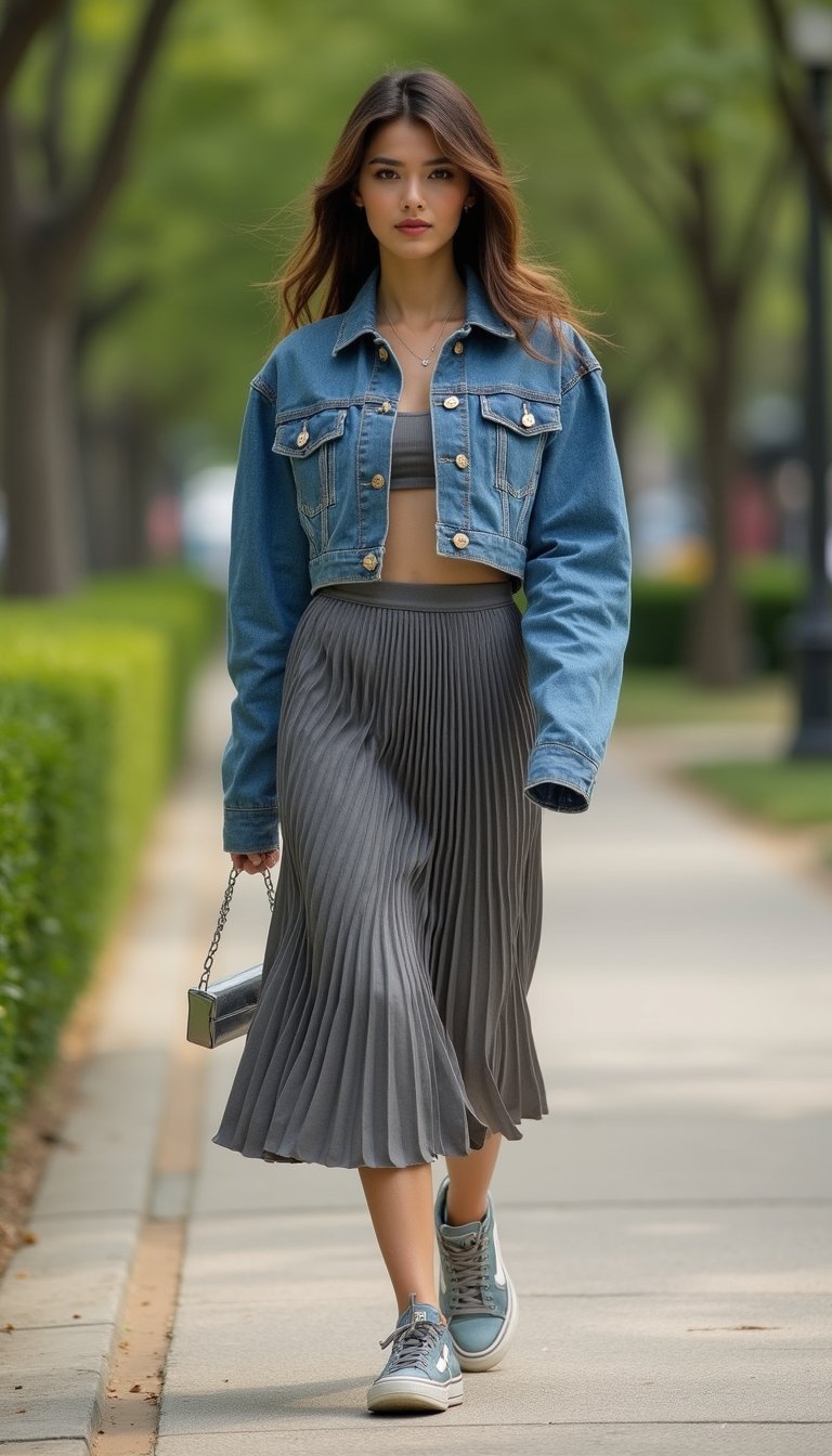 Veste En Denim Courte, Jupe Plissée Et Sneakers