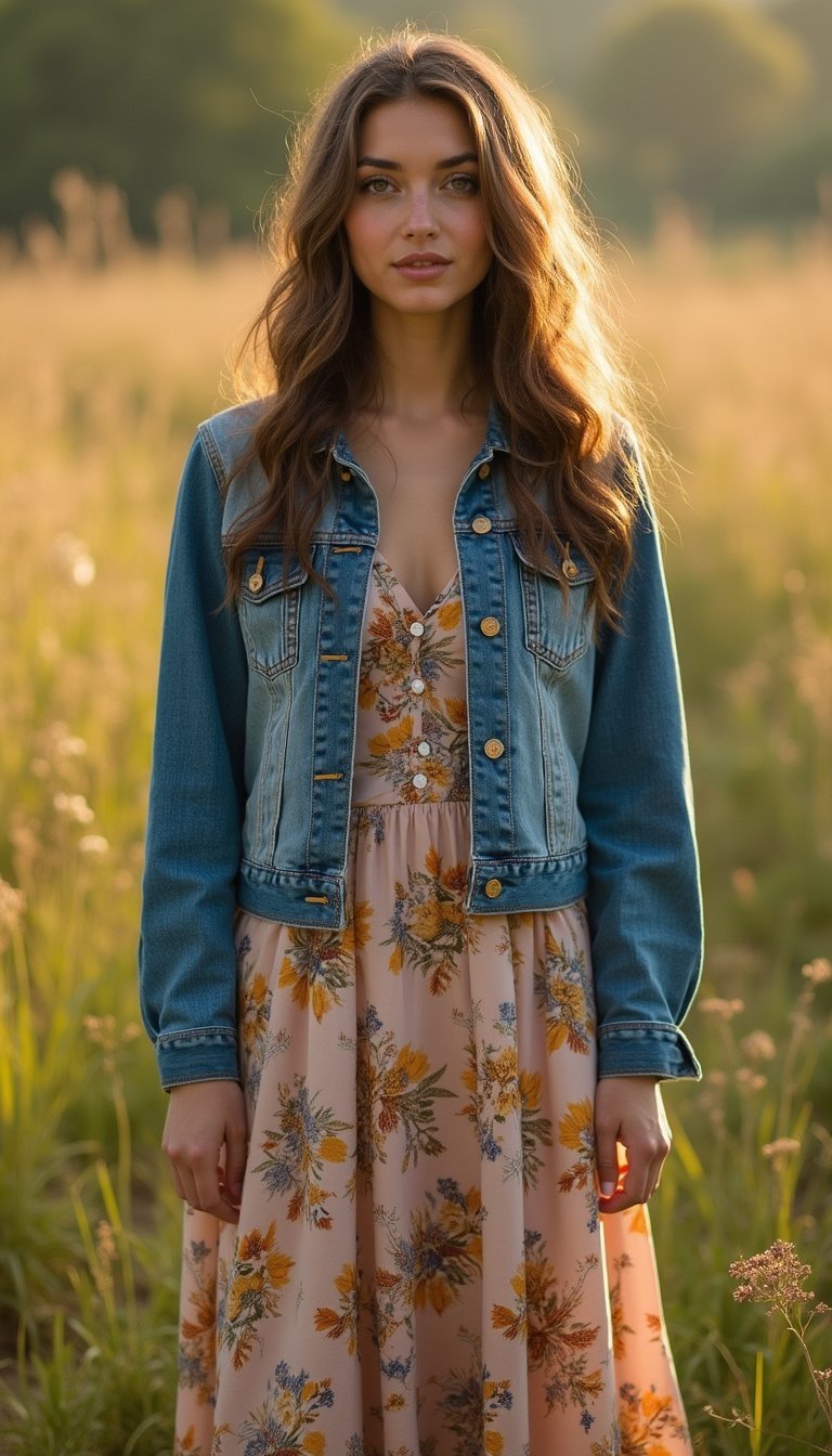 Veste En Jean Sur Robe Longue Fleurie Contrastée