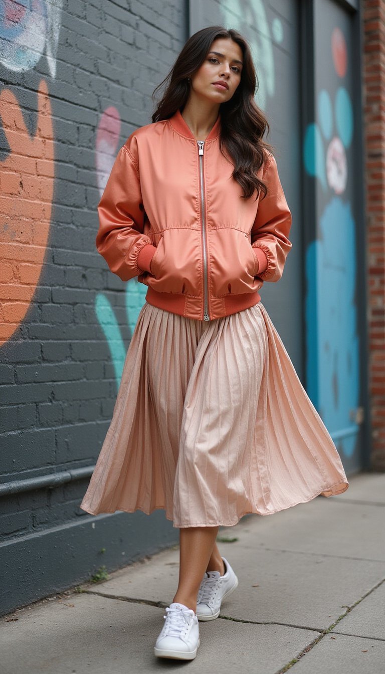 Bomber Satin Associé À Jupe Plissée Midi