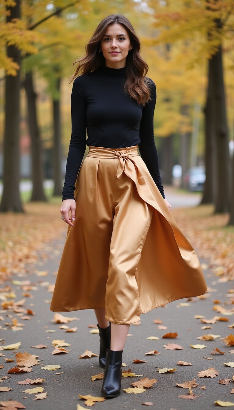 Jupe Porte‑Feuille Satinée Et Bottines Automne