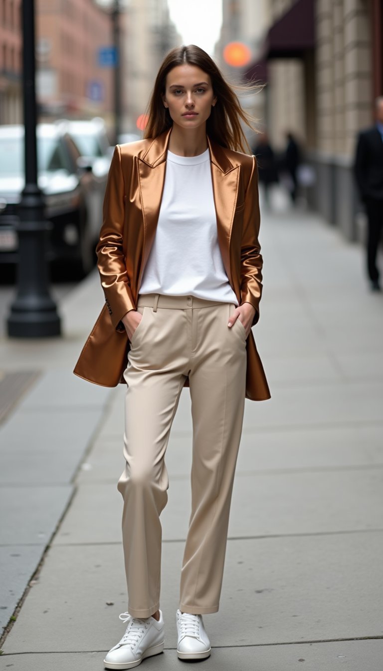 Veste Blazer Satinée Sur Tee Blanc Minimal