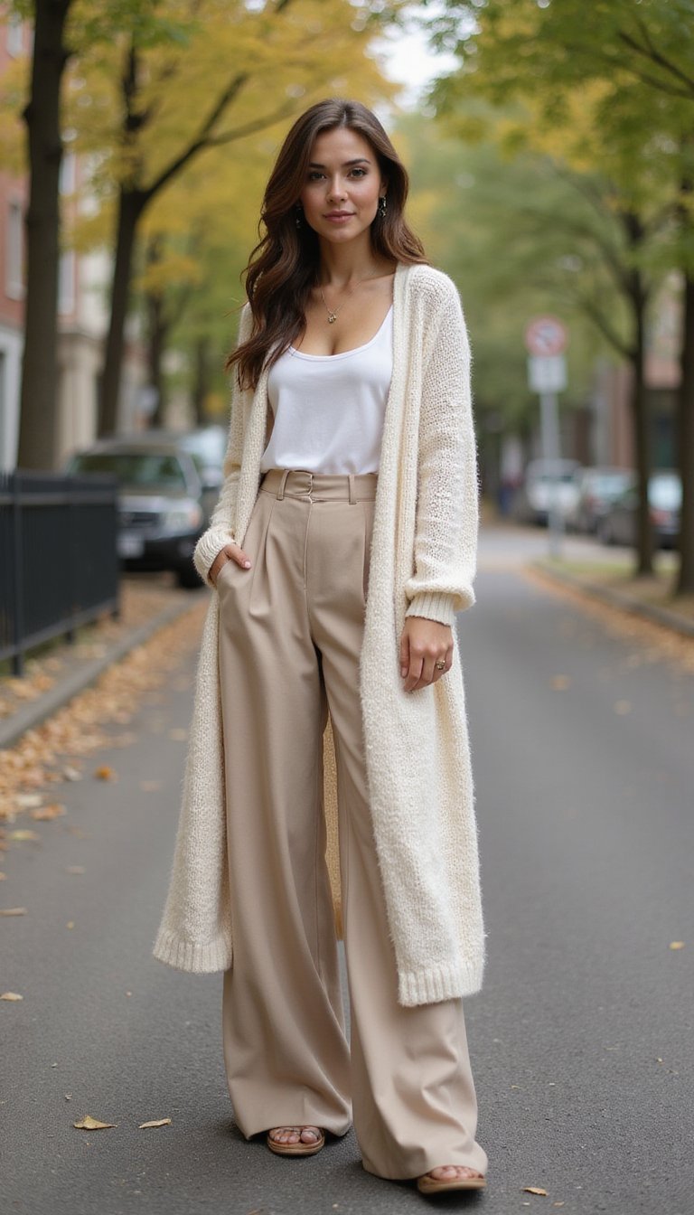 Cardigan Long Ouvert Avec Pantalon Palazzo Fluide