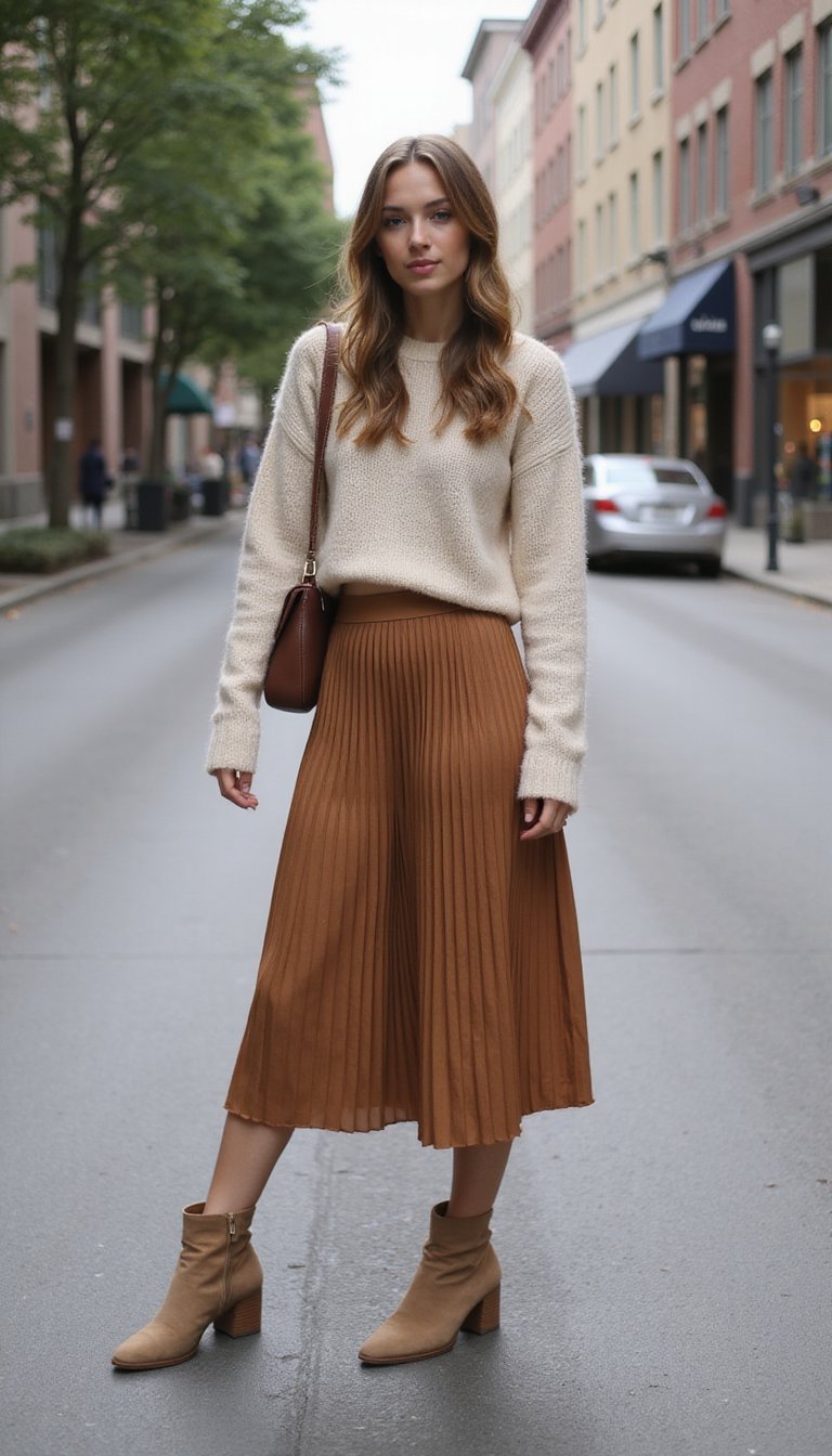 Jupe Plissée Midi Avec Pull Court Et Bottes