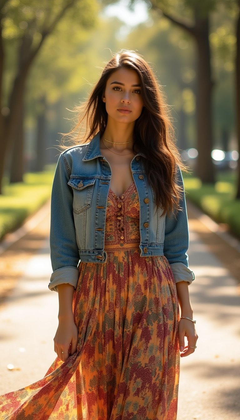 Maxi Robe Bohème Imprimée Avec Veste En Jean