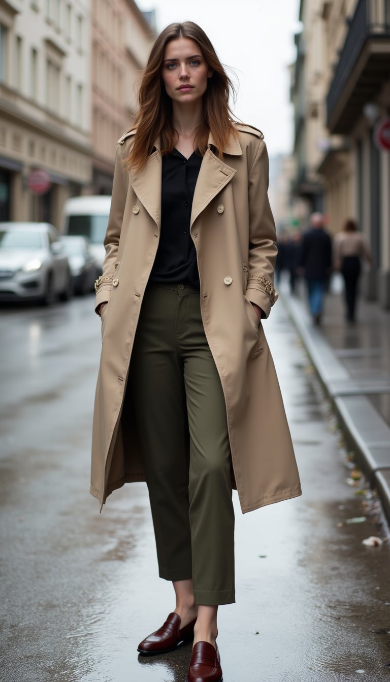 Trench Léger Sur Pantalon Cigarette Et Mocassins