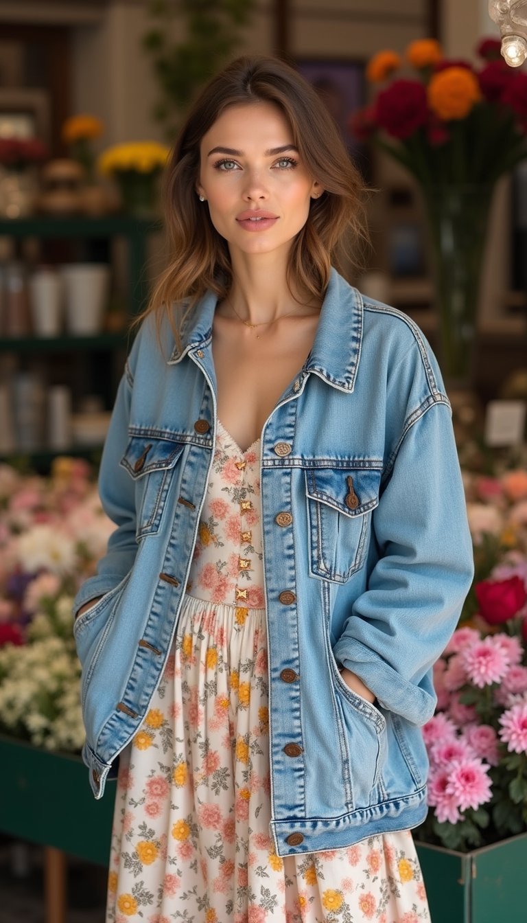 Veste En Jean Oversize Sur Robe Fleurie Midi