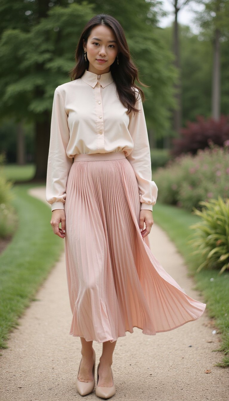 Blouse Col Montant Et Jupe Plissée Midi Chic