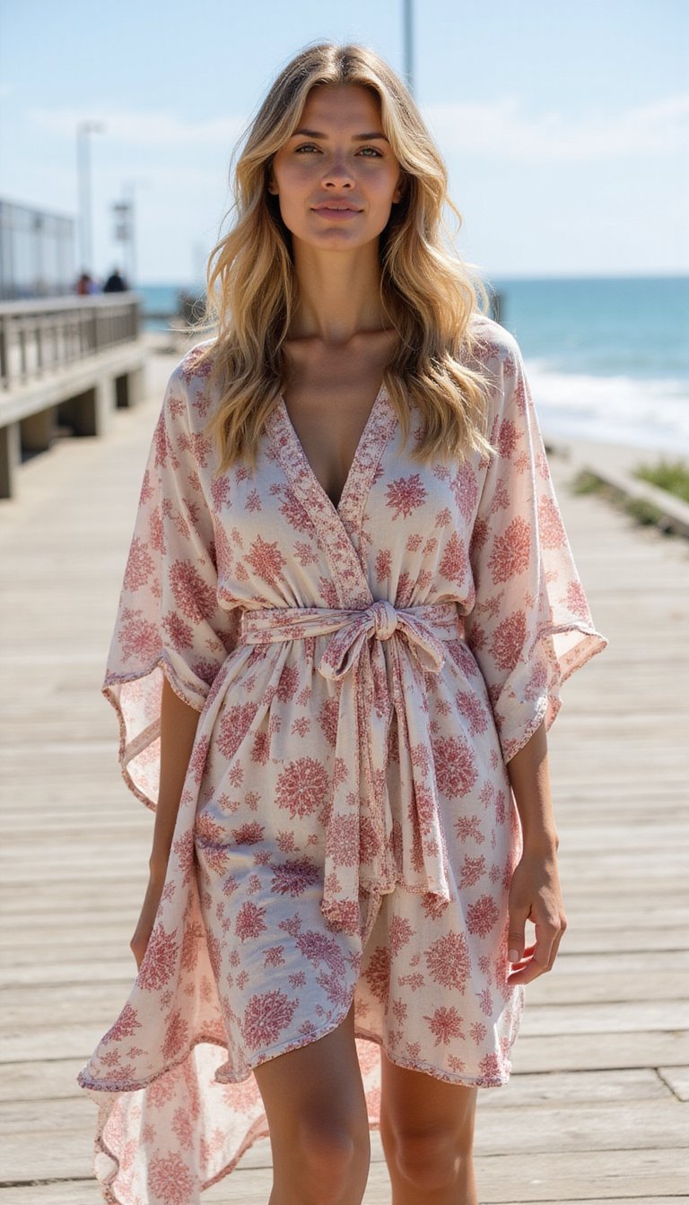 Kaftan Léger Fleuris Avec Ceinture Nœud Simple