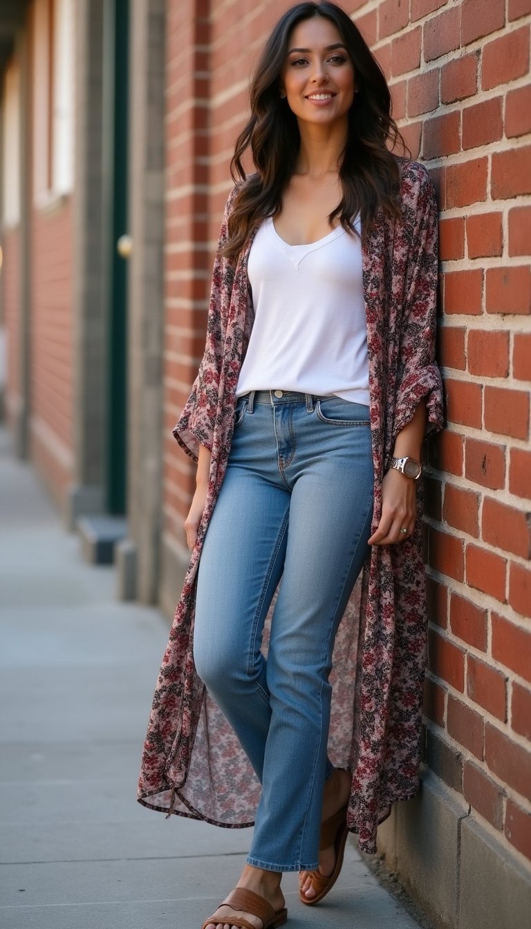 Kimono Long À Motifs Associé À Jeans Droits