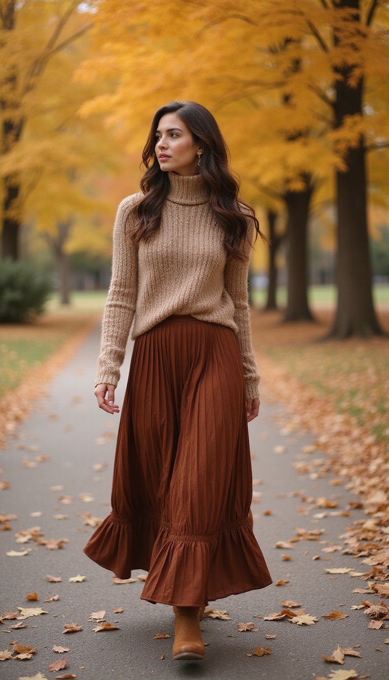 Maxi Jupe Plissée Et Pull Col Roulé Douillet
