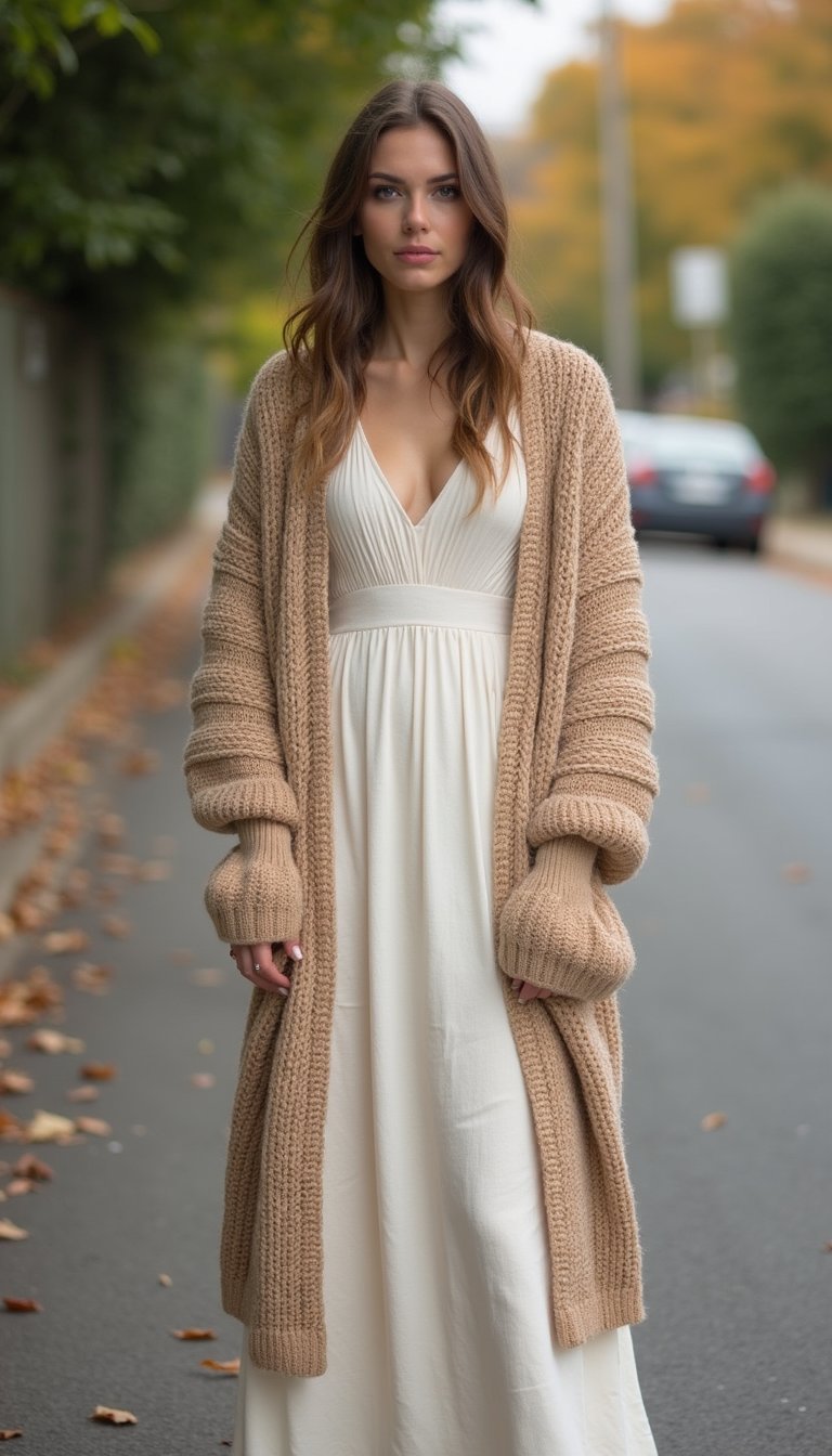 Veste Longue Tricotée Et Robe Maxi En Coton