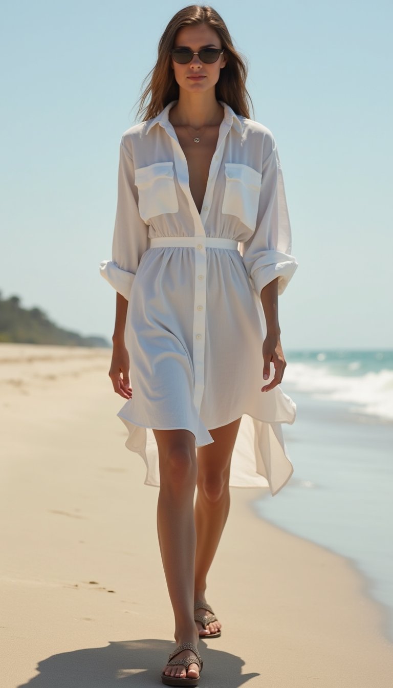 Robe-Chemise Coton Oversize Et Sandales Plates