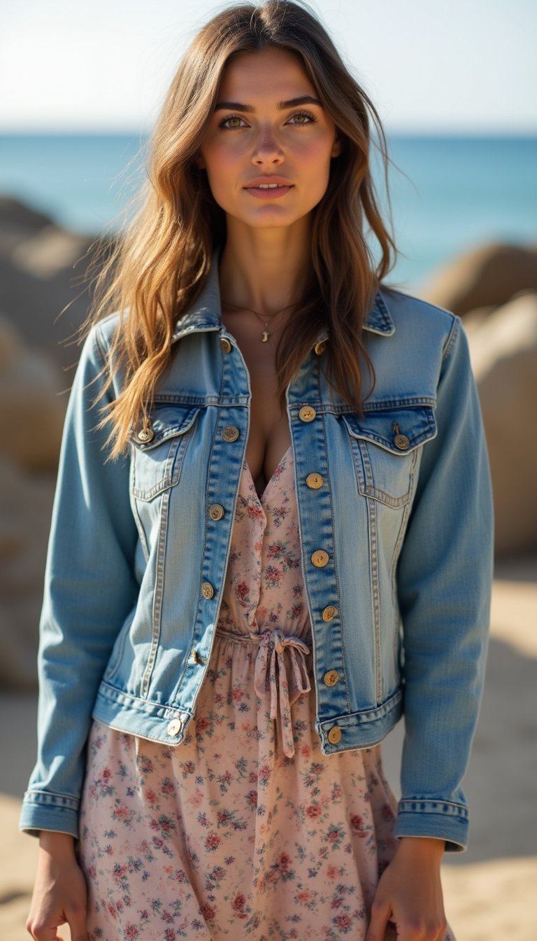 Veste Légère En Denim Et Robe Courte Fleurie