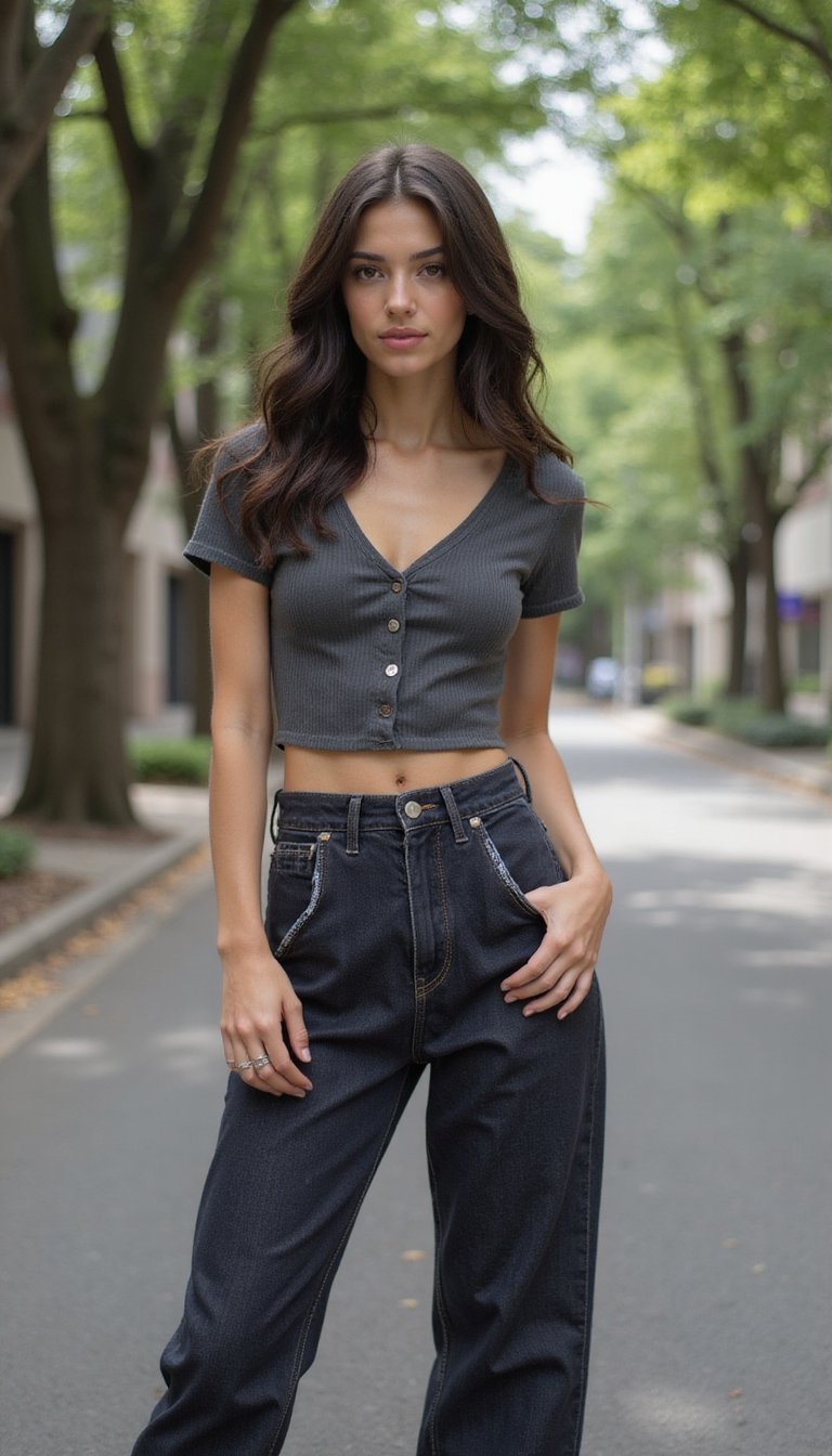 Jean Taille Haute Et Top Crop Élégant