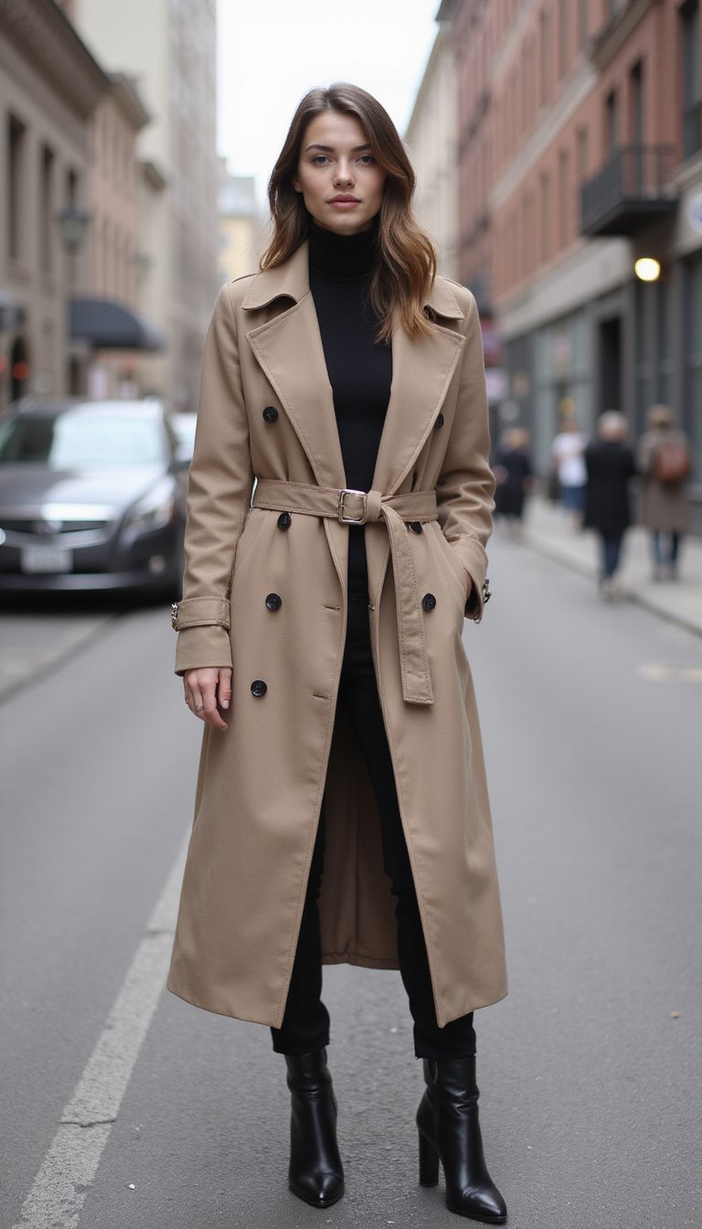 Manteau Long Ceinturé Avec Bottines Fines