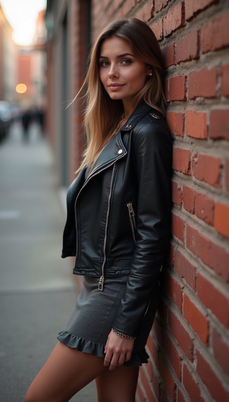 Veste Biker Courte Et Robe Longueur Genou