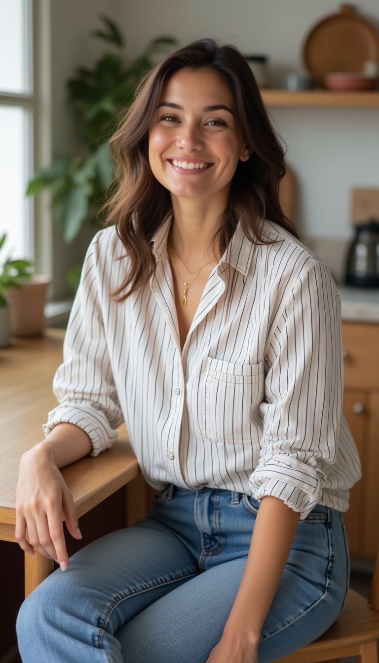 Chemise Rayée Classique Et Jean Droit Décontracté