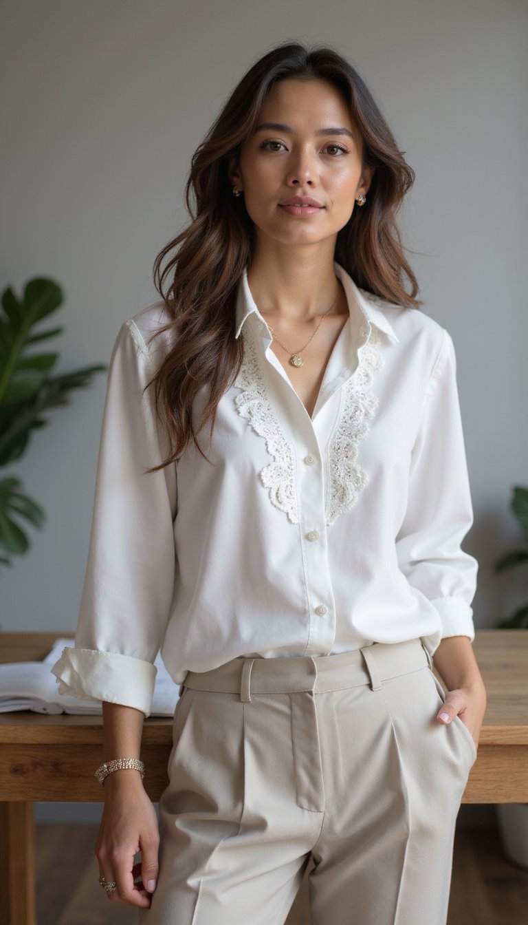 Chemise À Volant Et Pantalon Tailleur Slim Chic